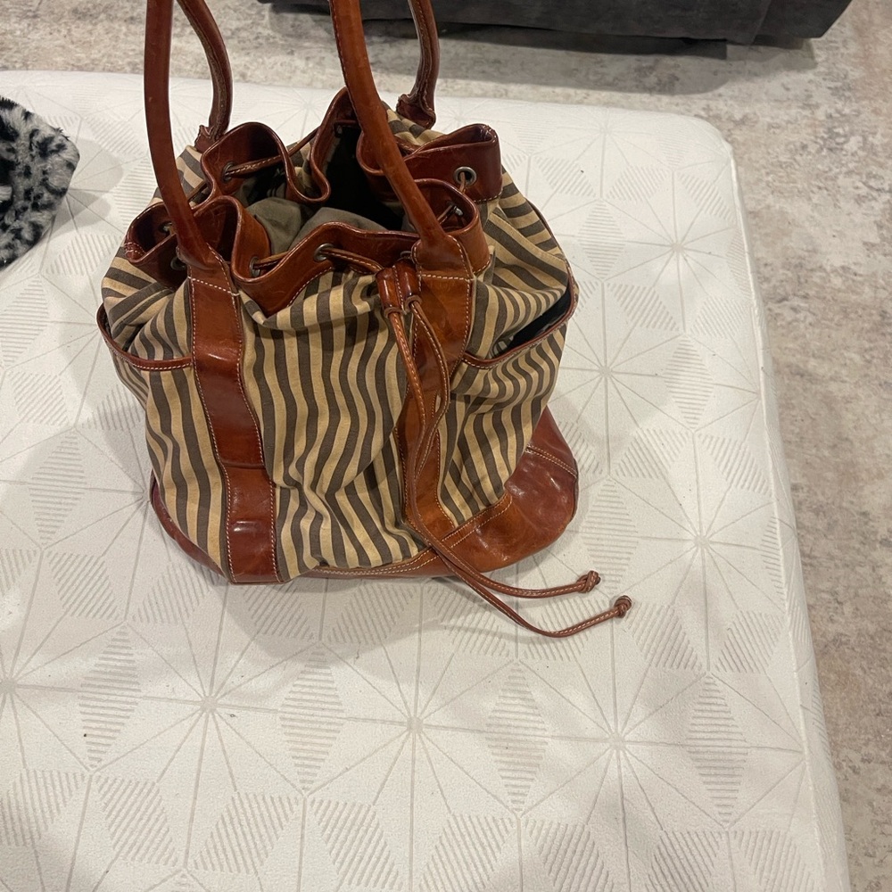 Lands' End Striped Canvas Shoulder Bag with Brown Leather Trim